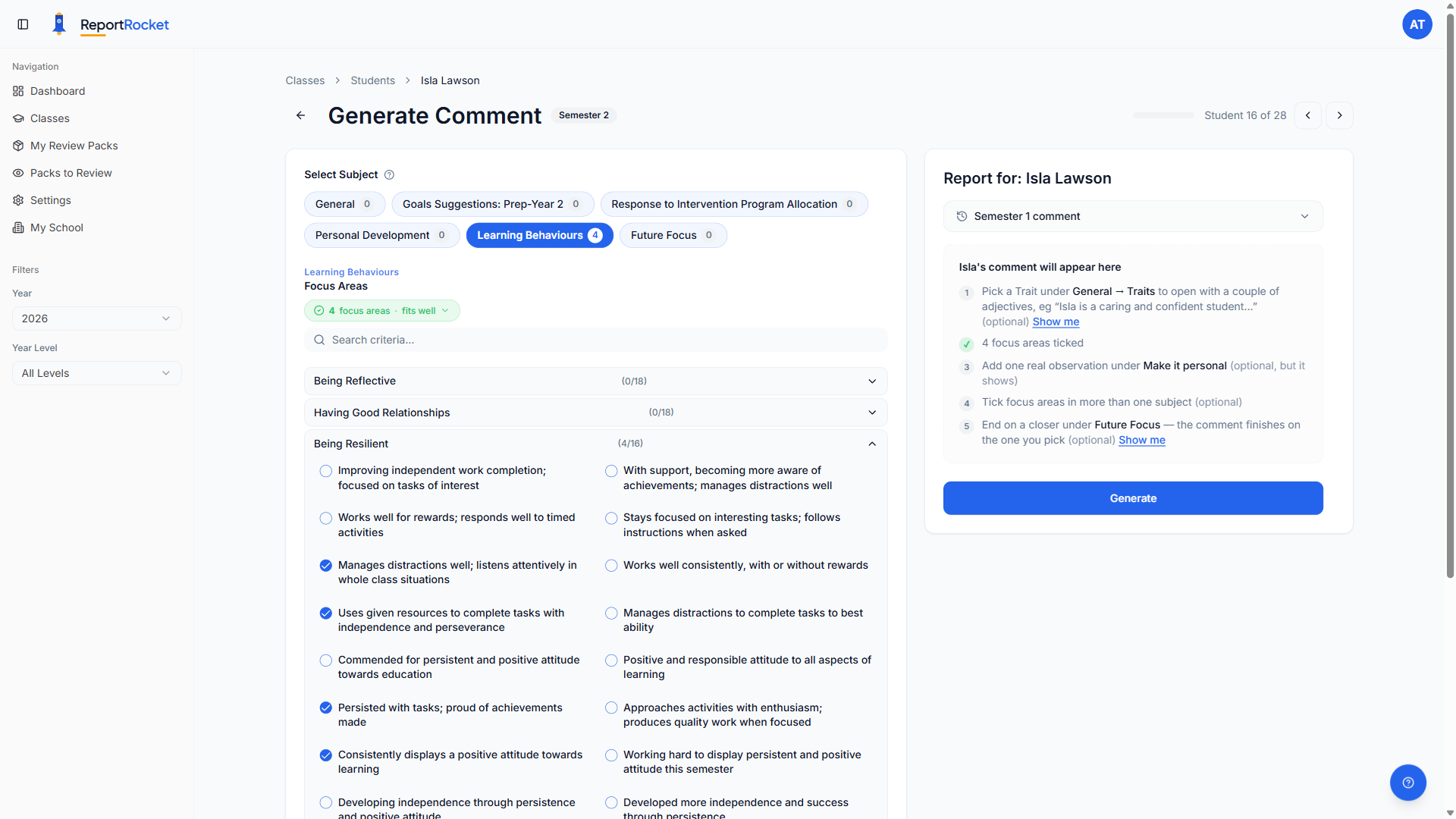 Generate step - Get personalised comment suggestions