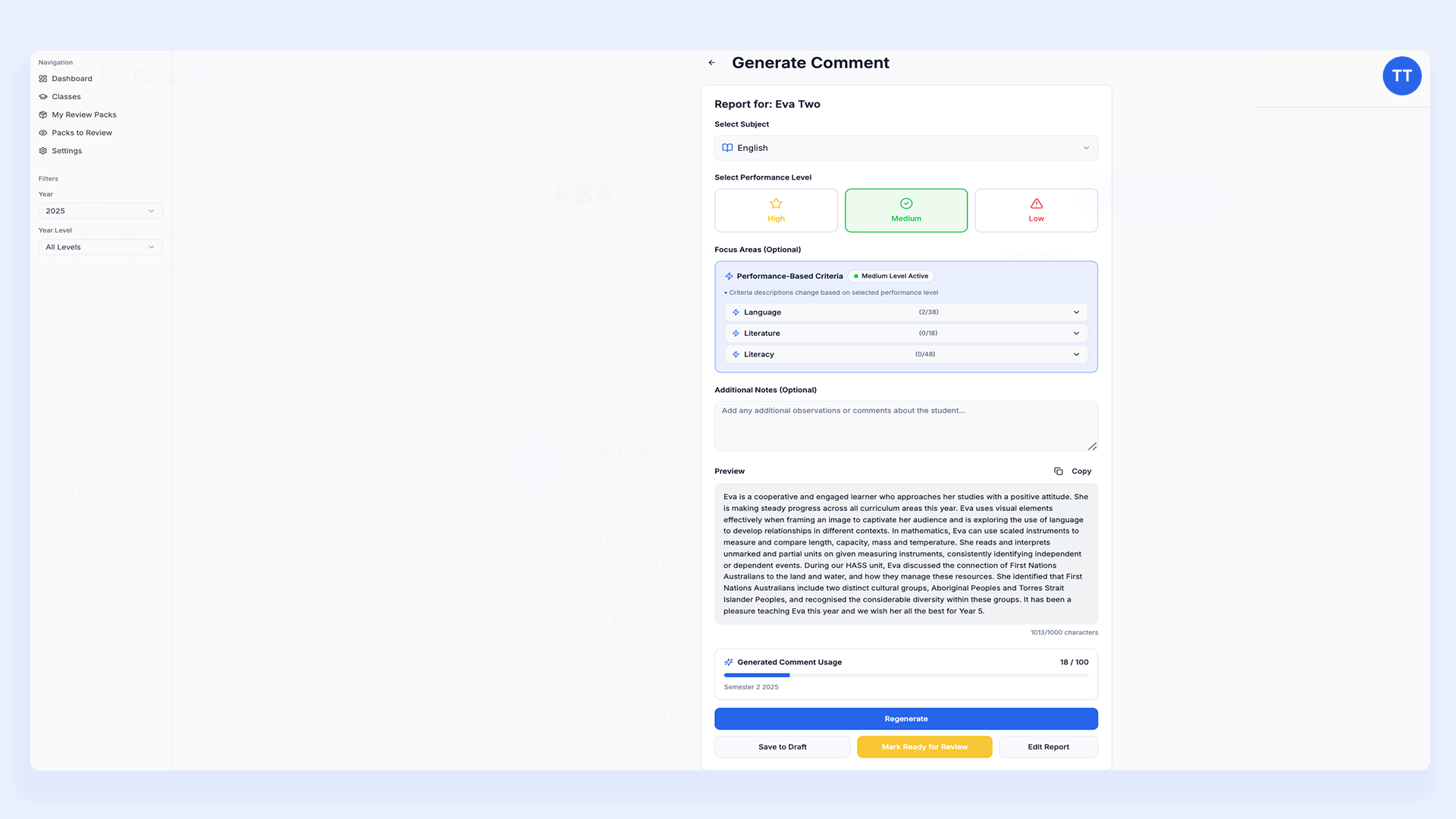 Generate step - Get personalised comment suggestions