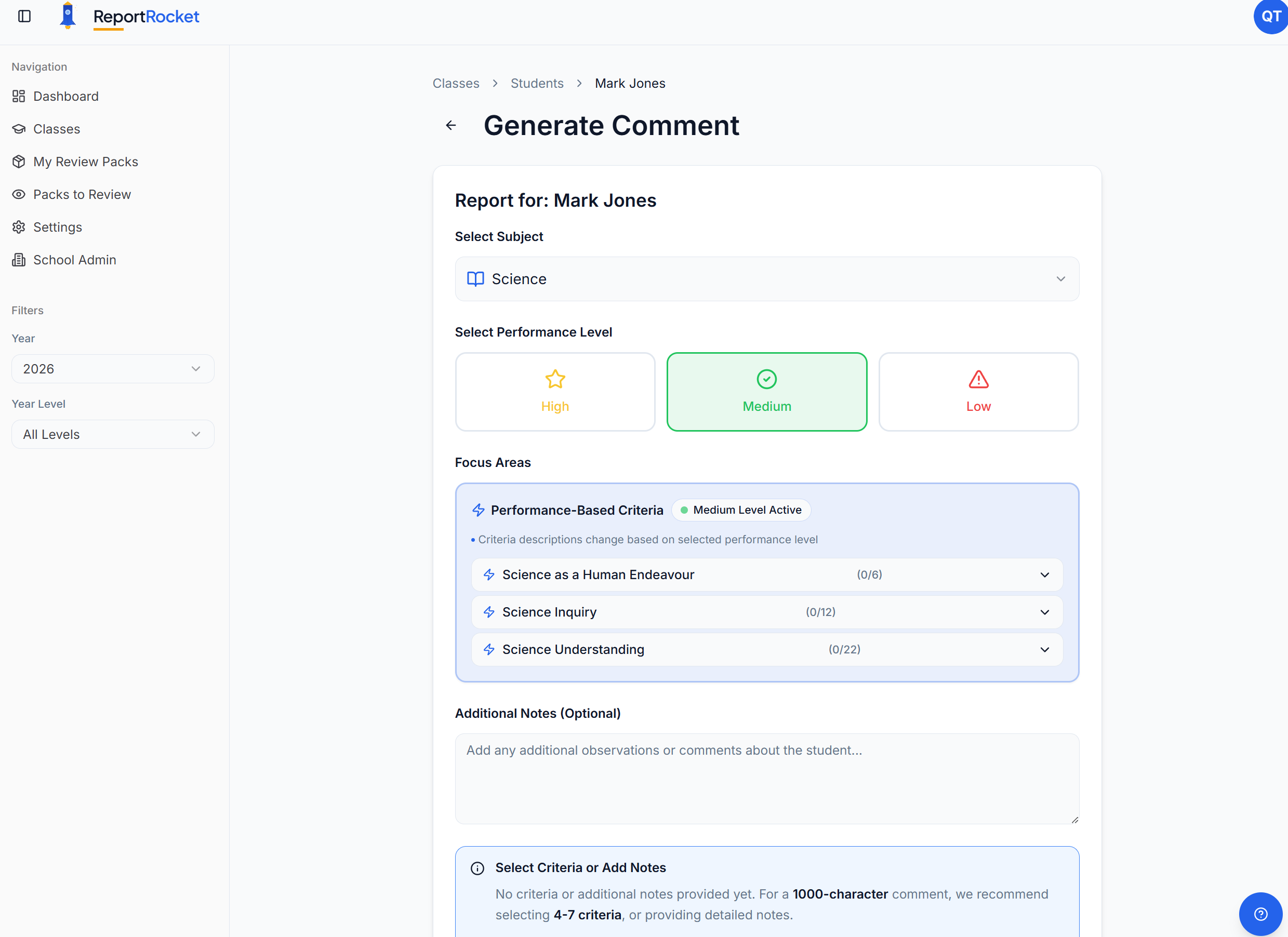 Generate step - Get personalised comment suggestions