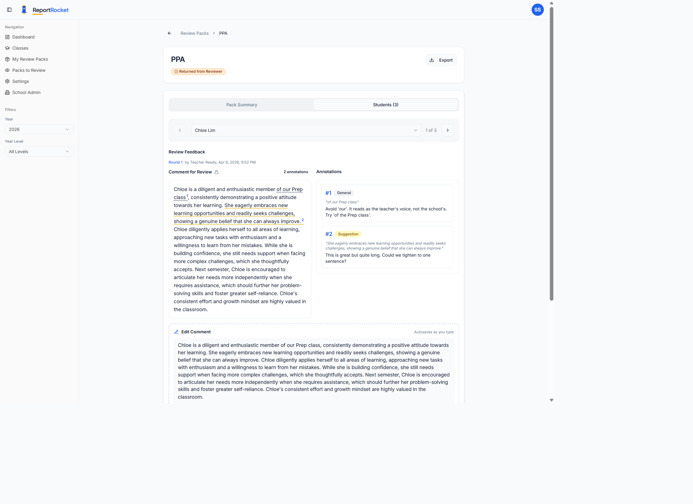 Review step - Annotate and apply feedback with one click