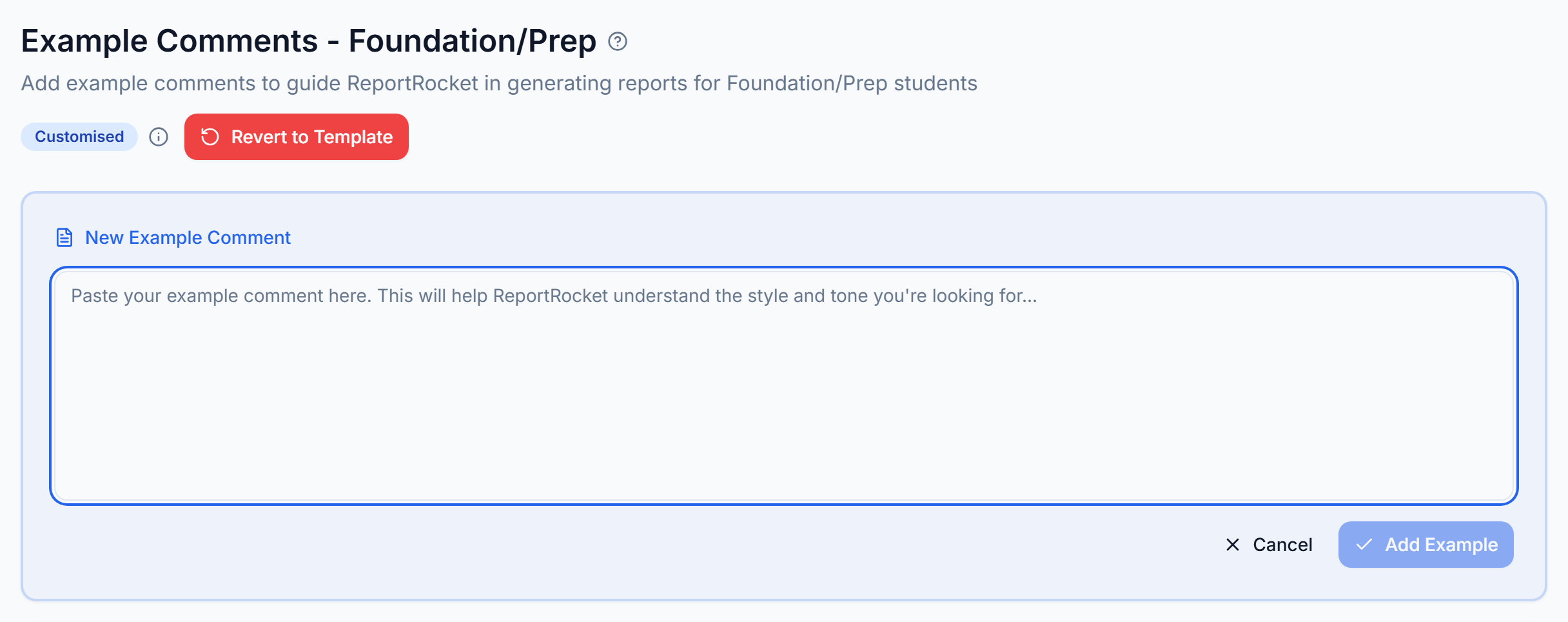 Add Example opens a New Example Comment box to paste a comment into, with Cancel and Add Example