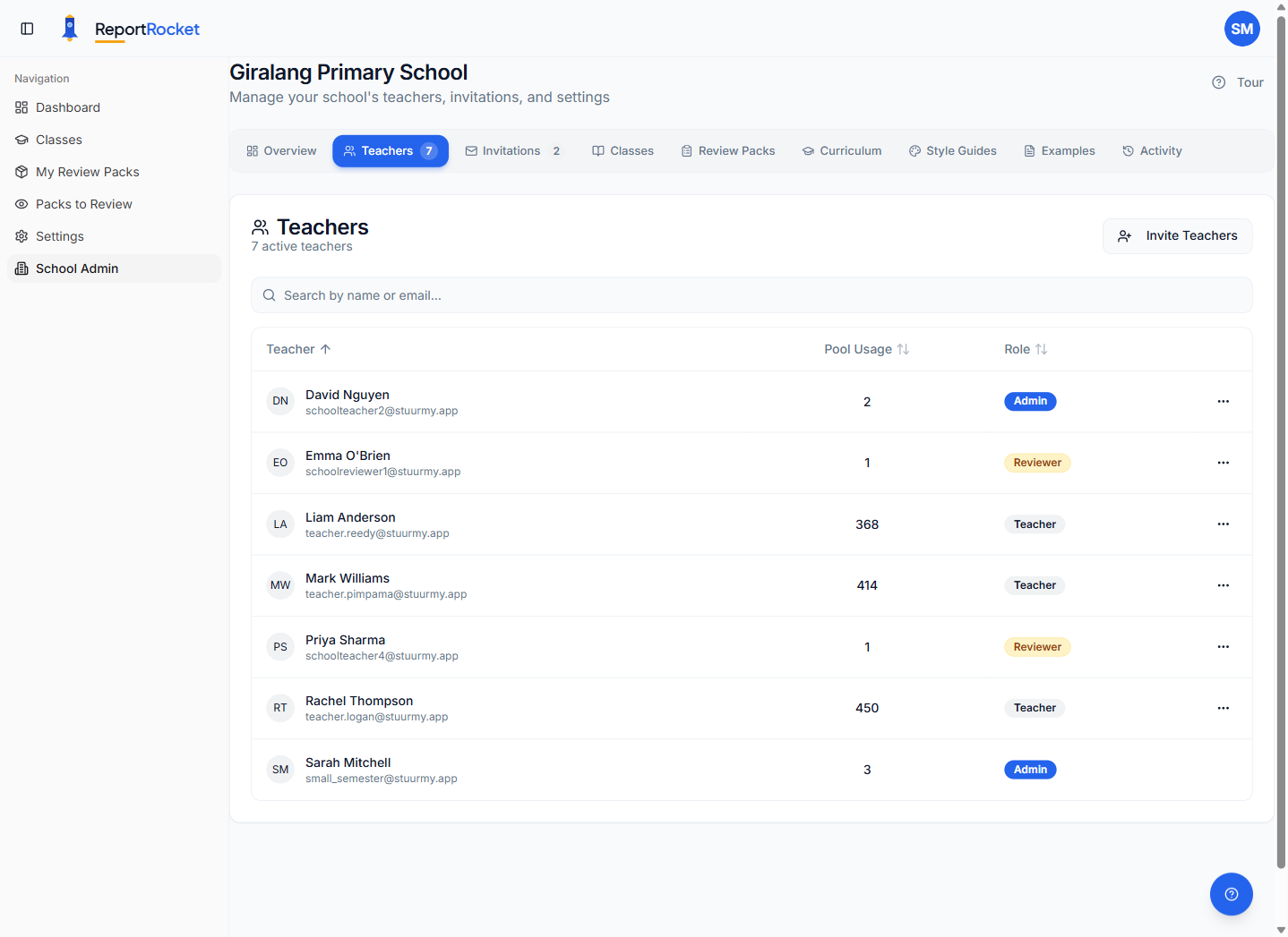 Teachers page showing role badges
