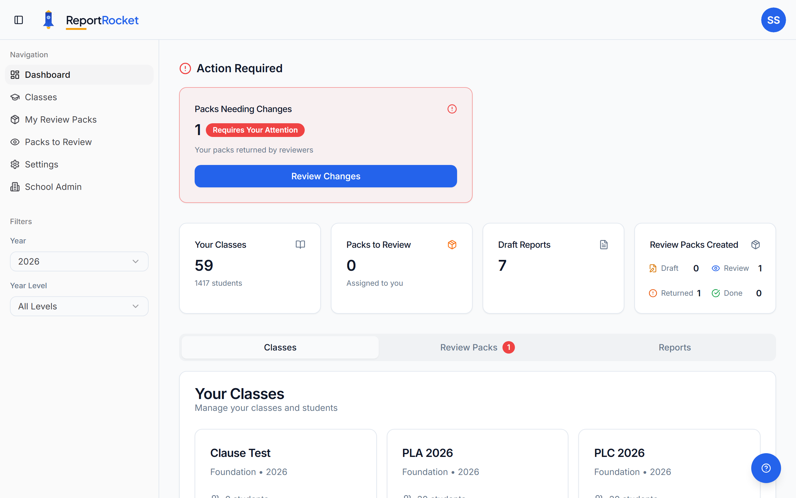 Dashboard overview with class cards and quick stats