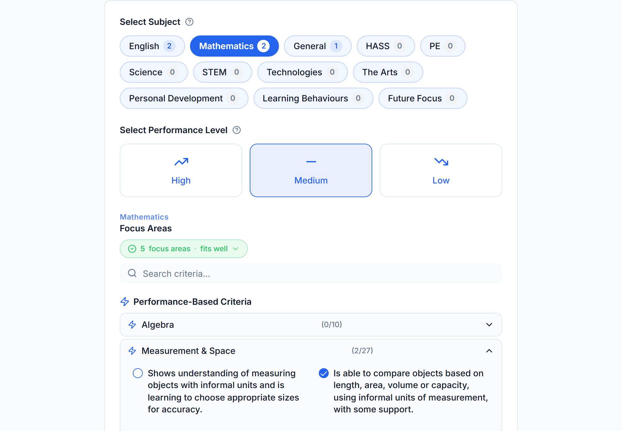 ReportRocket's generate screen, with a button for each subject, the High, Medium and Low performance levels, and Mathematics criteria being ticked