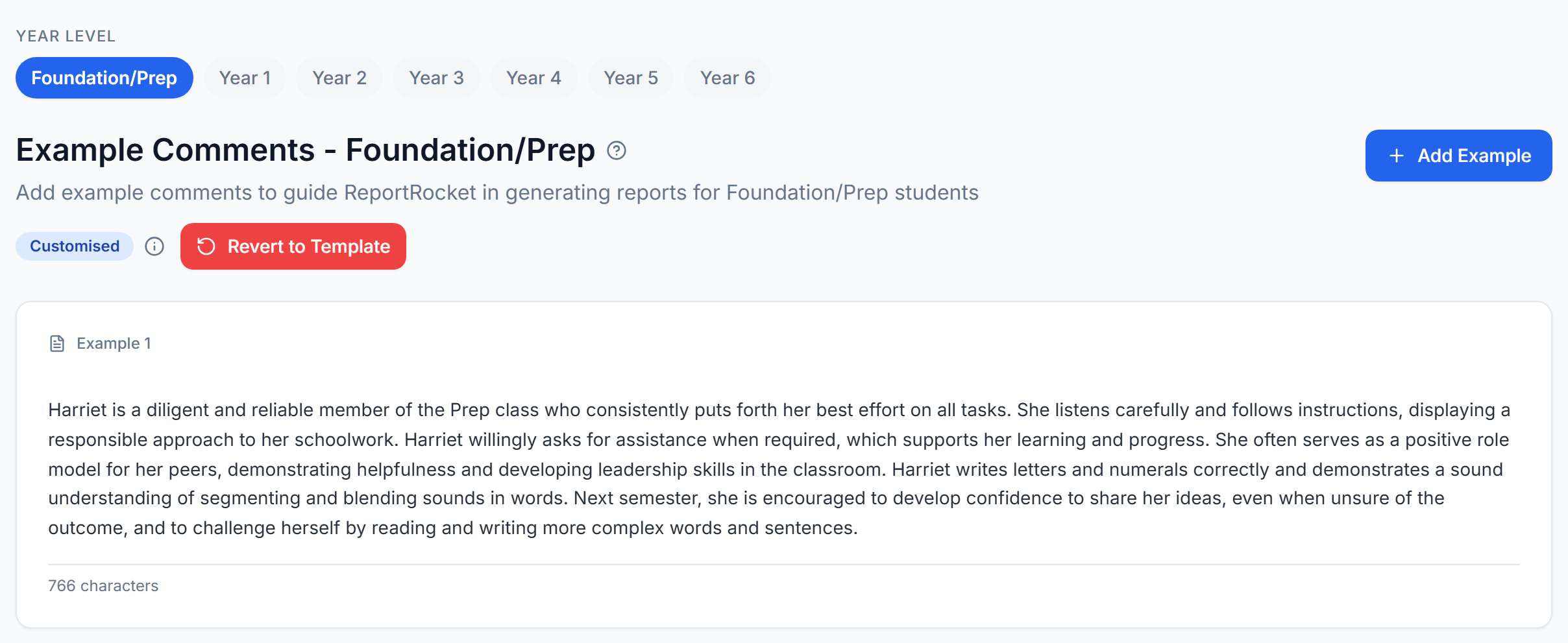 School Admin, Examples, on Foundation/Prep: the year level pills, the Customised badge, Revert to Template, Add Example and the first example comment